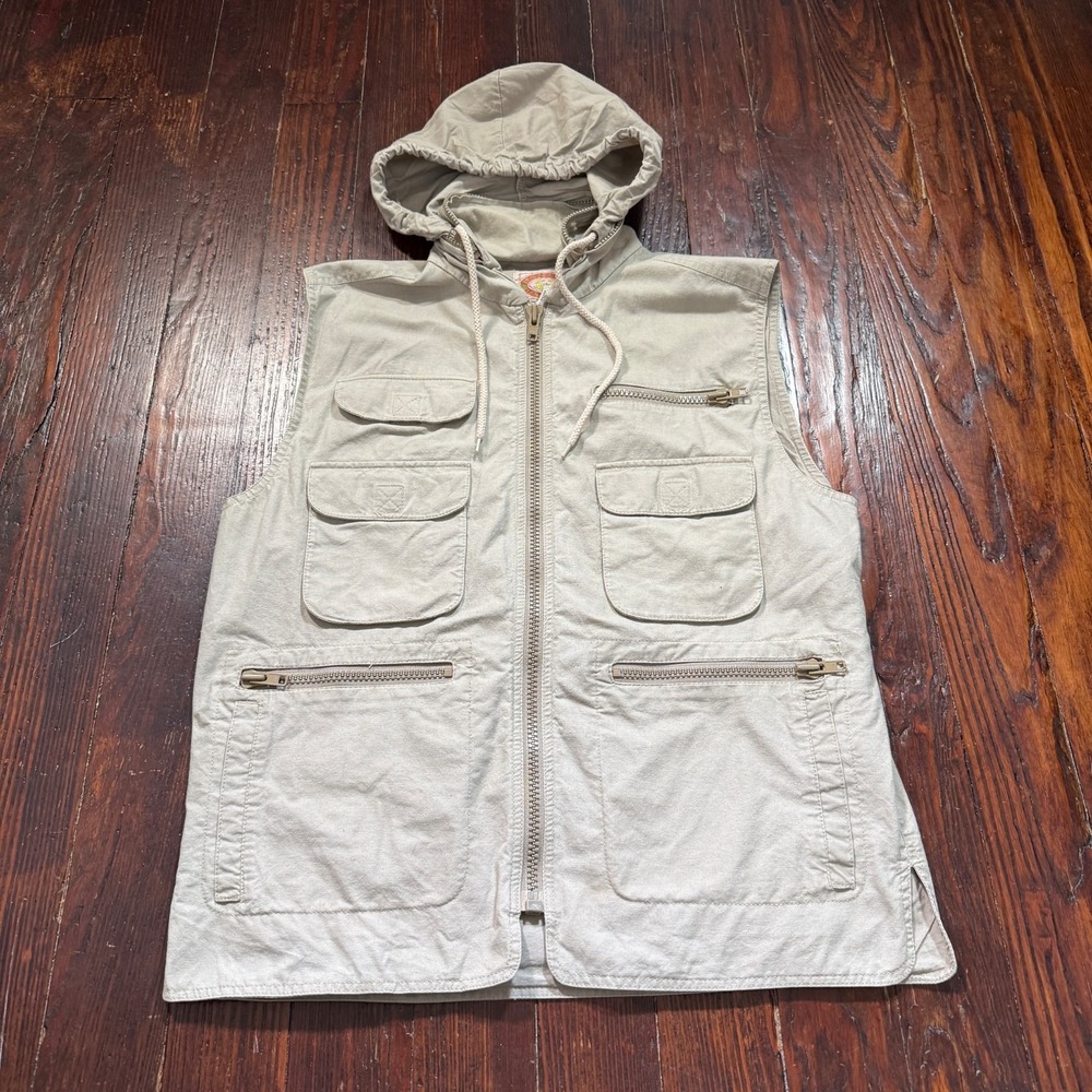 VTG Banana Republic Safari Vest Mens Medium‎ Khaki Hooded Utility 80s 90s